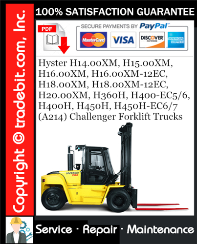 Product picture Hyster H14.00XM, H15.00XM, H16.00XM, H16.00XM-12EC, H18.00XM, H18.00XM-12EC, H20.00XM, H360H, H400-EC5/6, H400H, H450H, H450H-EC6/7 (A214) Challenger Forklift Trucks Service Repair Manual Download